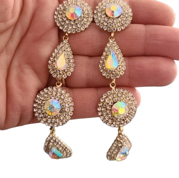 AURORA BOREALIS CZ Gold Teardrop Discs Statement Earrings Evening Wedding - Picture 10 of 12